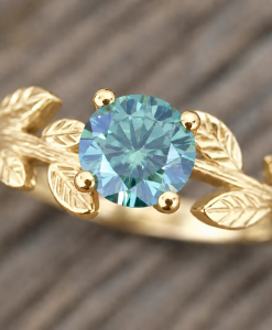 Green Moissanite Engagement Ring, Vintage Leaf Engagement Ring - Image 4