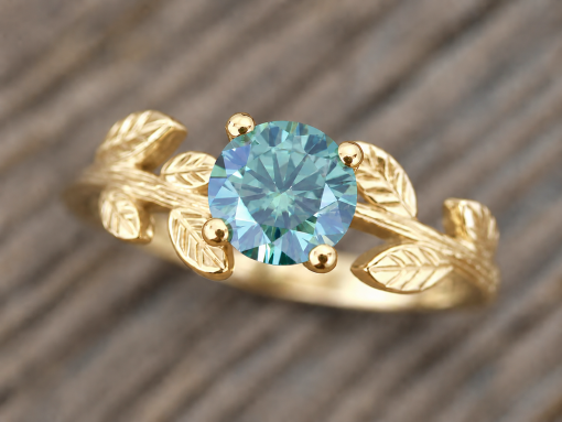 Green Moissanite Engagement Ring, Vintage Leaf Engagement Ring