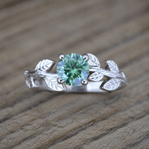 Green Moissanite Engagement Ring, Vintage Leaf Engagement Ring