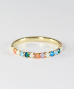 Rainbow Opal Eternity Wedding Band For Women, 14k Gold Multicolor Opal Ring - Image 6