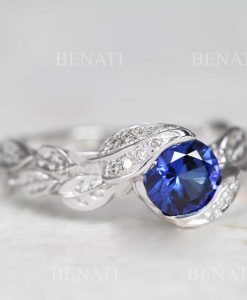Sapphire Engagement Ring, Diamond Leaves Sapphire Ring - Image 3