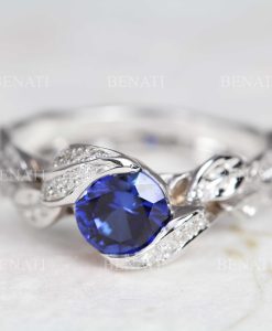 Sapphire Engagement Ring, Diamond Leaves Sapphire Ring - Image 4