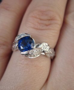 Sapphire Engagement Ring, Diamond Leaves Sapphire Ring - Image 2