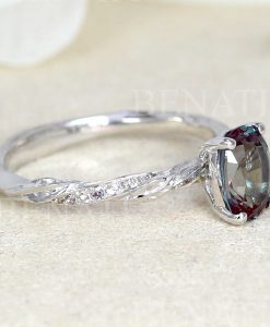 Alexandrite Leaf Engagement Ring, 14k Nature Inspired Oval Vintage Ring - Image 2