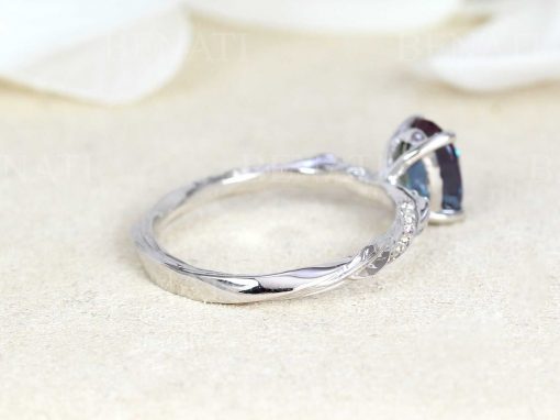 Alexandrite Leaf Engagement Ring, 14k Nature Inspired Oval Vintage Ring