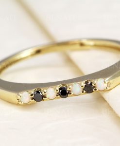 White opal black diamond ring, Stacking opal bar ring