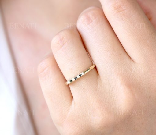 White opal black diamond ring, Stacking opal bar ring