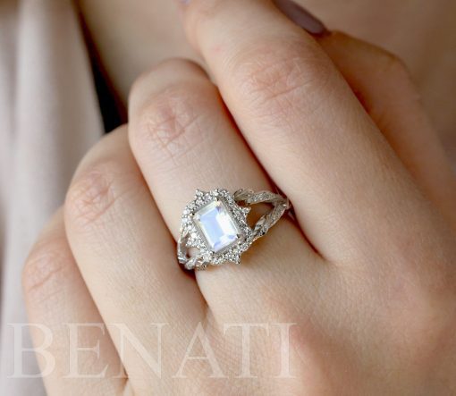 14k White Gold Moonstone Engagement Ring, Vintage Emerald Cut Moonstone Nature Ring