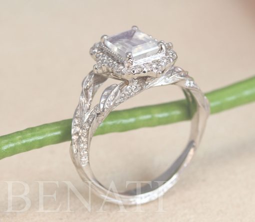 14k White Gold Moonstone Engagement Ring, Vintage Emerald Cut Moonstone Nature Ring