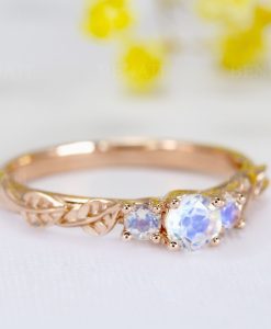 Rose gold three stone moonstone leaf ring, Boho engagement ring
