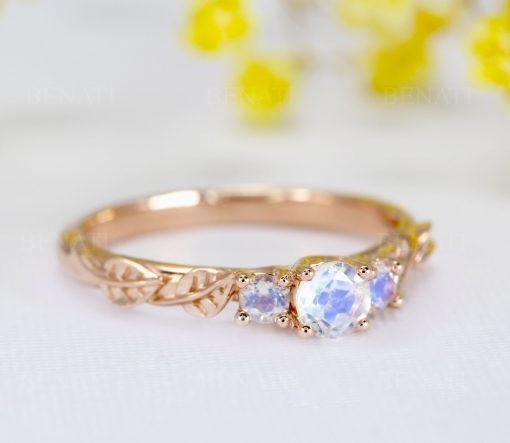 Rose gold three stone moonstone leaf ring, Boho engagement ring