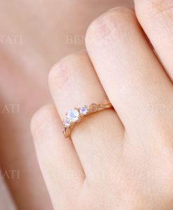 Rose gold three stone moonstone leaf ring, Boho engagement ring - Image 2