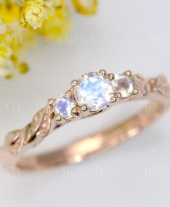 Rose gold three stone moonstone leaf ring, Boho engagement ring - Image 3
