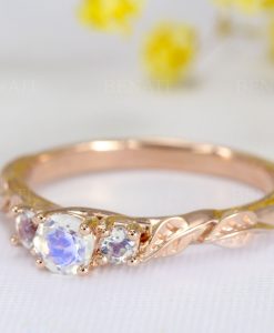 Rose gold three stone moonstone leaf ring, Boho engagement ring - Image 4