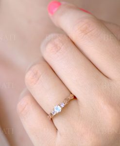 Rose gold three stone moonstone leaf ring, Boho engagement ring - Image 6