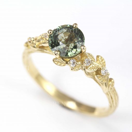 Green sapphire nature ring, Sapphire engagement ring