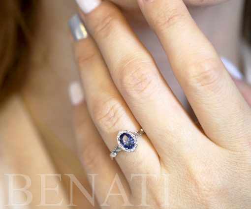 Sapphire Leaf Twig Engagement Ring, Halo Leaves Filigree Antique Vintage Ring