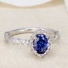 Sapphire Leaf Twig Engagement Ring, Halo Leaves Filigree Antique Vintage Ring