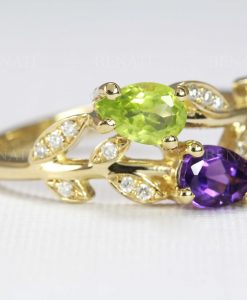 Twig leaf bridal engagement ring, Gemstone peridot and amethyst nature inspired ring - Image 2