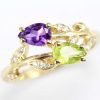 Twig leaf bridal engagement ring, Gemstone peridot and amethyst nature inspired ring