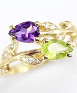 Twig leaf bridal engagement ring, Gemstone peridot and amethyst nature inspired ring - Image 4