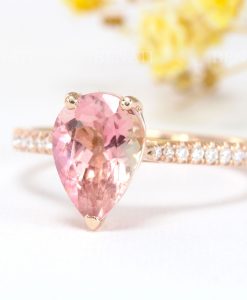 Pear Cut Solid 14k Rose Gold Engagement Ring, Vintage Rose Gold  Ring With Diamond - Image 3