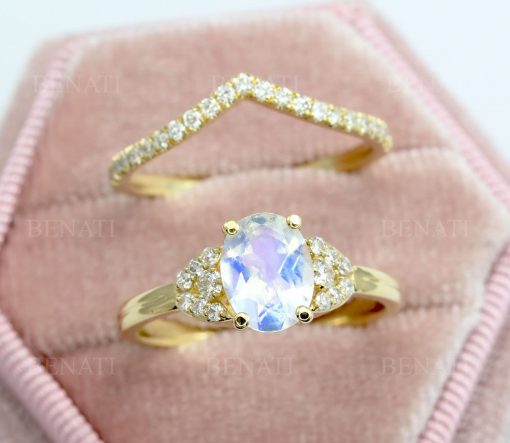 Moonstone Vintage Engagement Ring Set, Wedding Art Deco Ring
