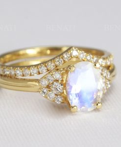 Moonstone Vintage Engagement Ring Set, Wedding Art Deco Ring - Image 2