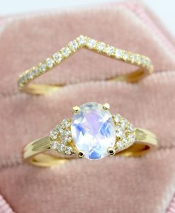 Moonstone Vintage Engagement Ring Set, Wedding Art Deco Ring - Image 3