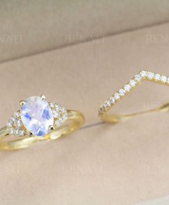 Moonstone Vintage Engagement Ring Set, Wedding Art Deco Ring - Image 4