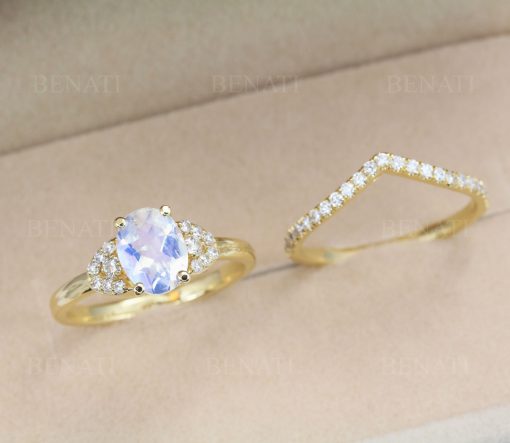 Moonstone Vintage Engagement Ring Set, Wedding Art Deco Ring