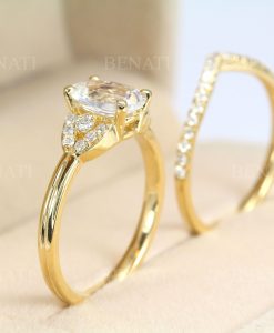 Moonstone Vintage Engagement Ring Set, Wedding Art Deco Ring - Image 5