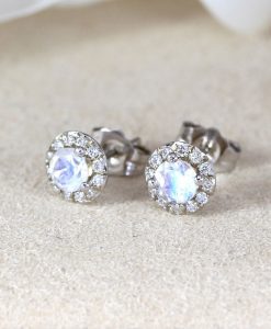 Moonstone And Diamond Halo Earrings, 14k Solid Gold Stud Earrings Rainbow Moonstone With Diamond Accent