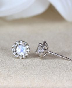 Moonstone And Diamond Halo Earrings, 14k Solid Gold Stud Earrings Rainbow Moonstone With Diamond Accent - Image 2
