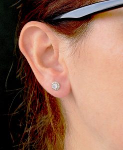 Moonstone And Diamond Halo Earrings, 14k Solid Gold Stud Earrings Rainbow Moonstone With Diamond Accent - Image 3