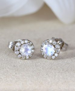 Moonstone And Diamond Halo Earrings, 14k Solid Gold Stud Earrings Rainbow Moonstone With Diamond Accent - Image 4