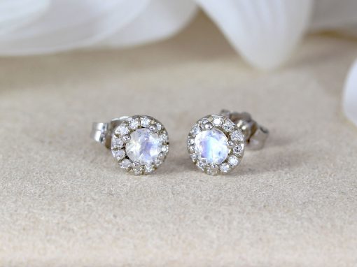 Moonstone And Diamond Halo Earrings, 14k Solid Gold Stud Earrings Rainbow Moonstone With Diamond Accent