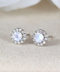 Moonstone And Diamond Halo Earrings, 14k Solid Gold Stud Earrings Rainbow Moonstone With Diamond Accent - Image 5