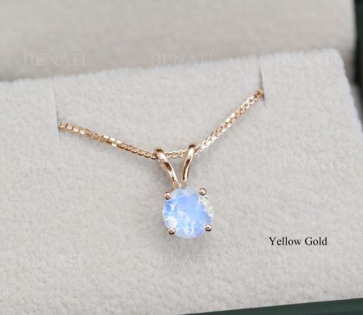 Rose Gold Solitaire Moonstone Necklace 14k Solid Gold, Moonstone Gemstone Necklace Clear Stone