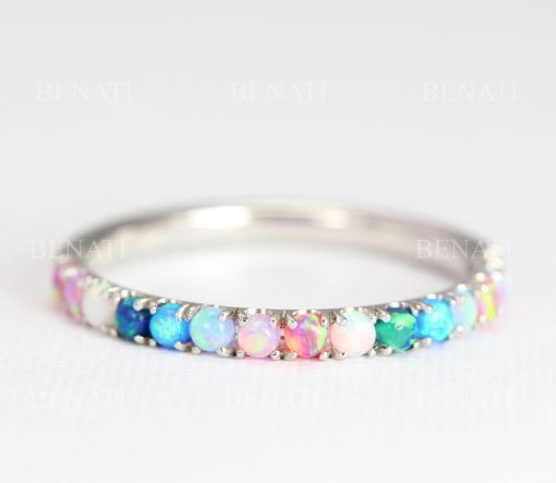 Opal eternity wedding band for women, Solid gold multi color opal band