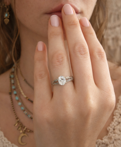 Oval cut moissanite 1.5 carat in 14k split shank nature inspired wood texture band