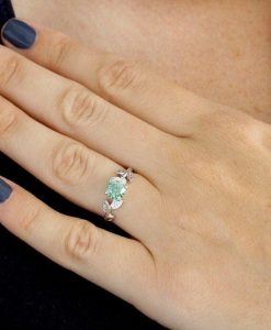Green Moissanite Engagement Ring, Vintage Leaf Engagement Ring - Image 5