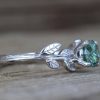 Green Moissanite Engagement Ring, Vintage Leaf Engagement Ring