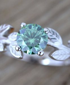 Green Moissanite Engagement Ring, Vintage Leaf Engagement Ring - Image 3