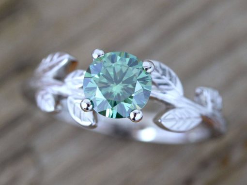 Green Moissanite Engagement Ring, Vintage Leaf Engagement Ring