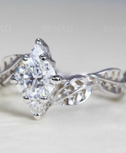 Round Lab Diamond Engagement Ring in 14K Gold | Leaf Nature Ring | 3 Stone Diamond Ring - Image 3