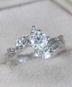 Round Lab Diamond Engagement Ring in 14K Gold | Leaf Nature Ring | 3 Stone Diamond Ring - Image 4
