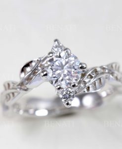 Round Lab Diamond Engagement Ring in 14K Gold | Leaf Nature Ring | 3 Stone Diamond Ring - Image 6