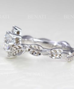 Round Lab Diamond Engagement Ring in 14K Gold | Leaf Nature Ring | 3 Stone Diamond Ring - Image 7