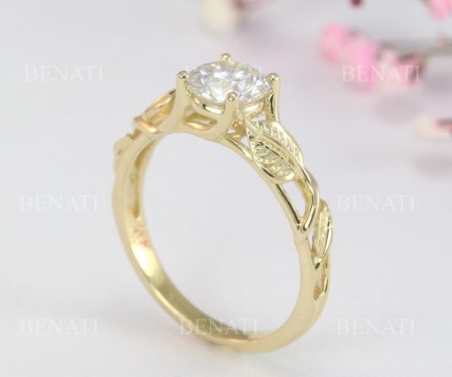 Leaf Vintage Engagement Ring, Moissanite 14k Leaf Nature Inspired Ring
